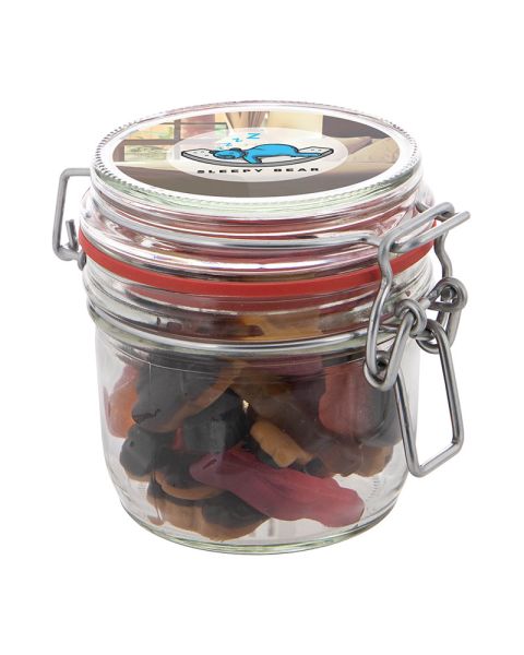 0.25 litre Weck jar filled with liquorice in the shape of a car and with promotional label