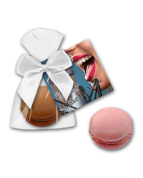 10 g Macarons im transparenten Flachbeutel mit Werbekarte