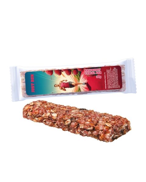 Express organic multigrain raspberry muesli bar in flow pack with promotional label