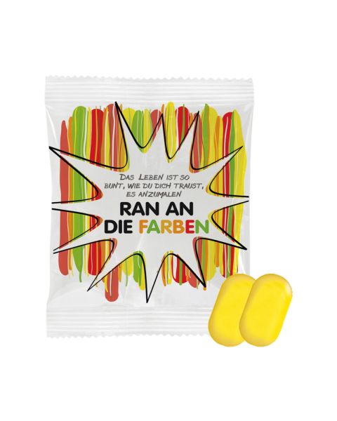 5 g yellow fruit dragées in promotional bags with logo print