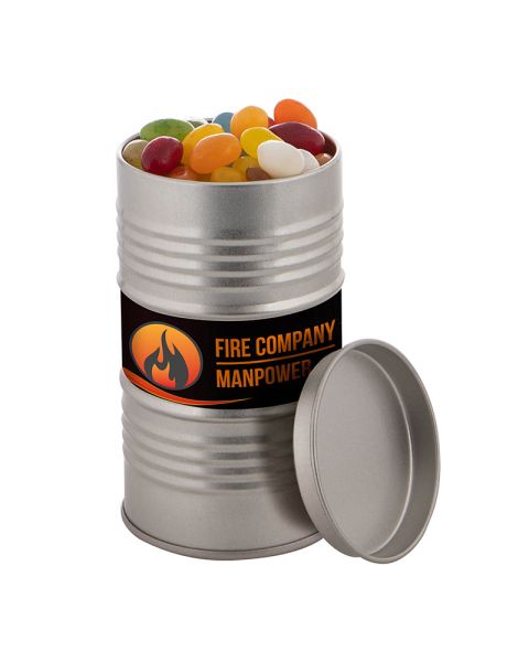 Oil barrel filled with jelly beans and advertising label