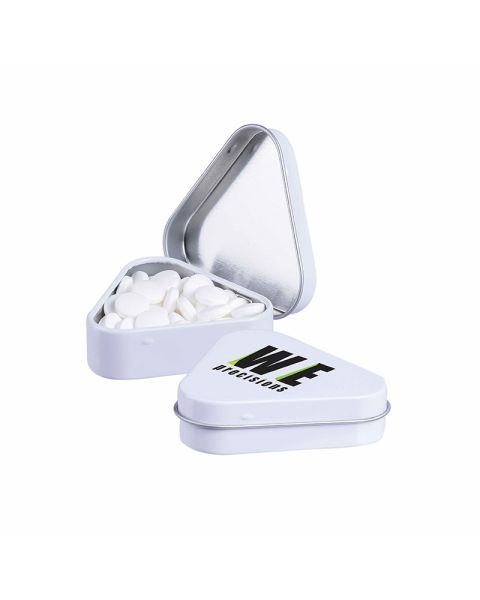 Triangular tin with peppermint pastilles and logo print