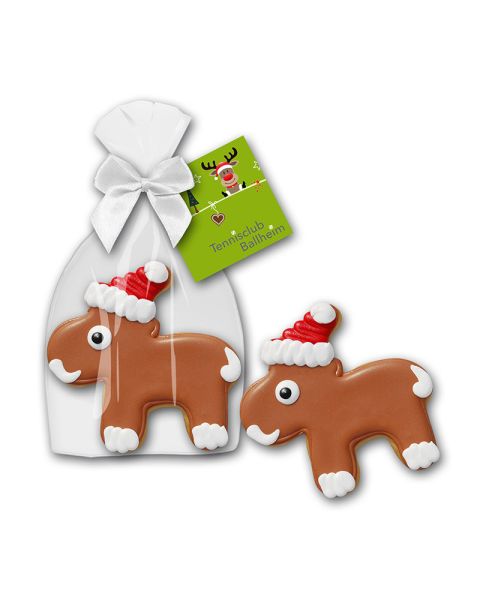 45 g moose with hat cookie in glossy bag with advertising card