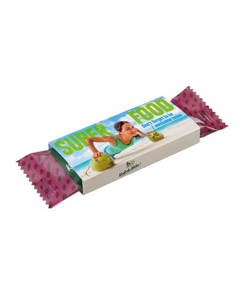 40 g organic muesli bars SUPERFOOD Cranberry + Coconut in promotional sleeve with logo print