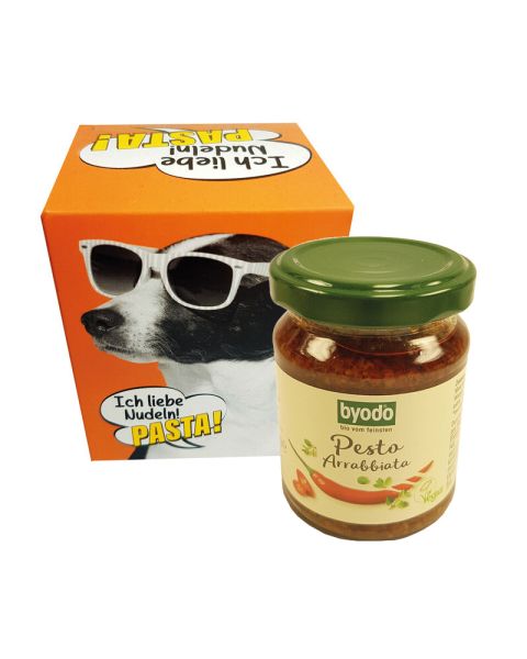 125 g byodo organic pesto arrabbiata in a folding box with promotional print