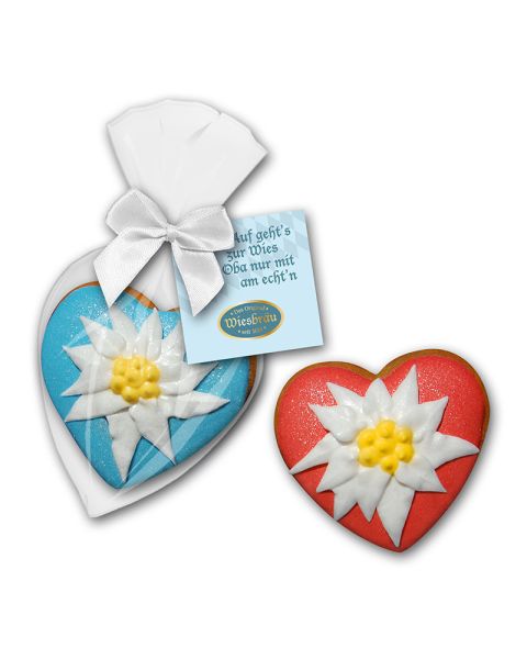28 g gingerbread edelweiss heart in flat bag with advertising card