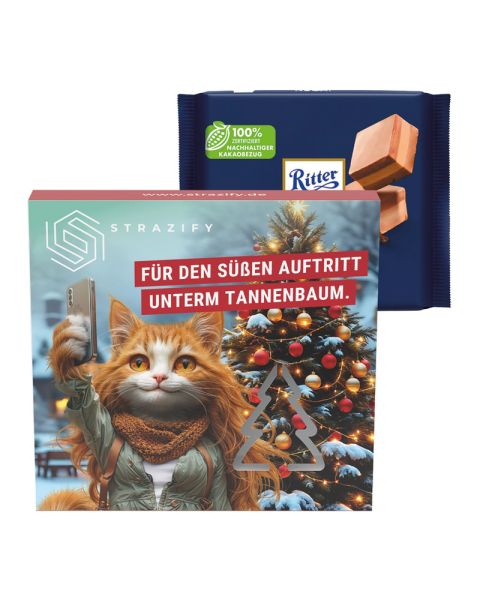 Ritter SPORT Nugat Schokolade in einer Präsentbox mit einer Tannenbaum-Ausstanzung und Werbedruck