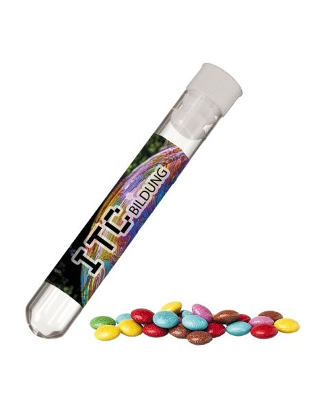10 g colourful chocolate beans in a test tube with promotional label