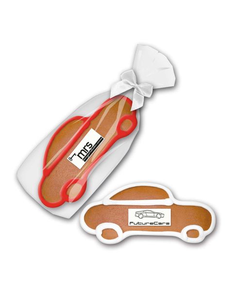85 g gingerbread car with marzipan logo in flat bag