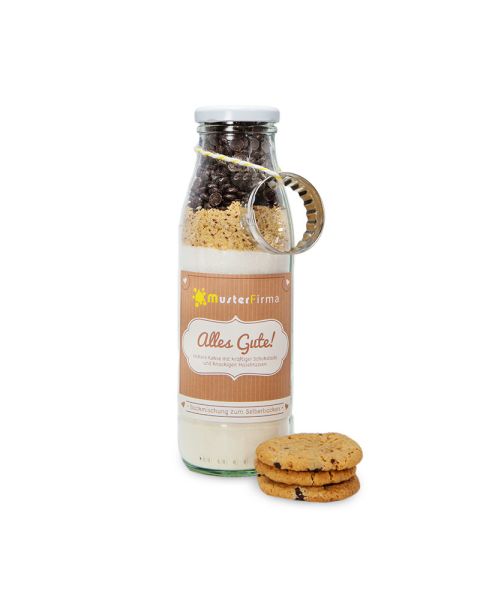 430 g chocolate nut cookie mix in a bottle with promotional label