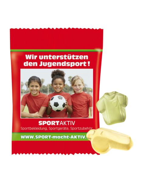 10 g fruit gums in football shapes in promotional flow pack