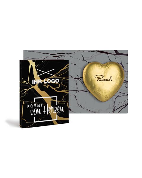 20 g yellow Rausch Plantagen chocolate heart in a folding card with promotional print