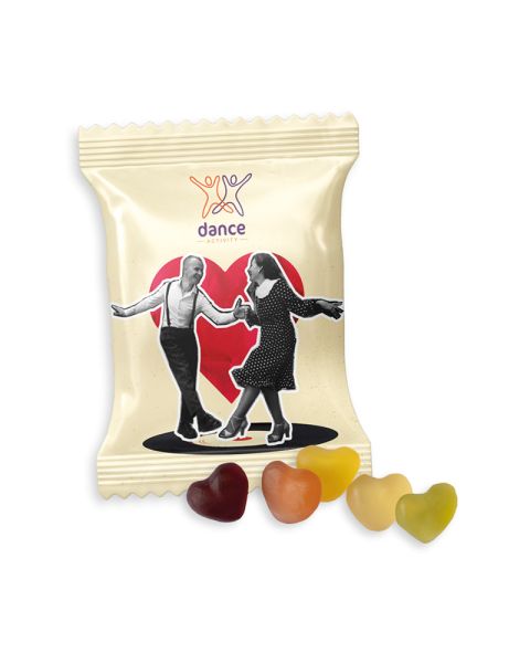 10 g mini juice hearts in promotional bag with logo print