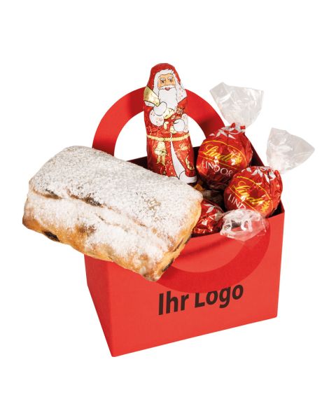 Coloured Christmas bag with Christmas treats and logo print