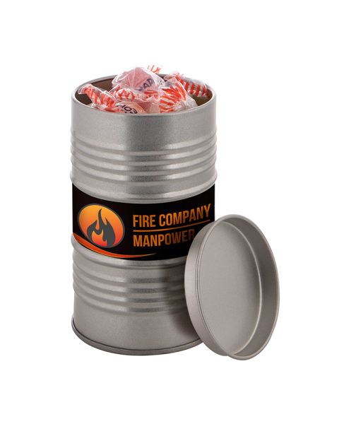 Oil drum filled with sweet or sour Napoleons and advertising label