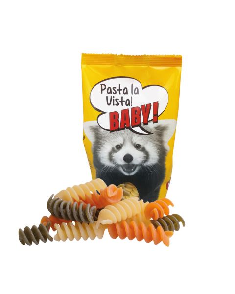200 g byodo organic pasta spirals, multicoloured, in stand-up pouches with promotional print