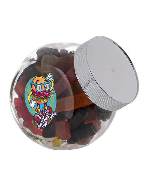 0.4 litre Slanted Jar filled with car-shaped liquorice and with promotional label