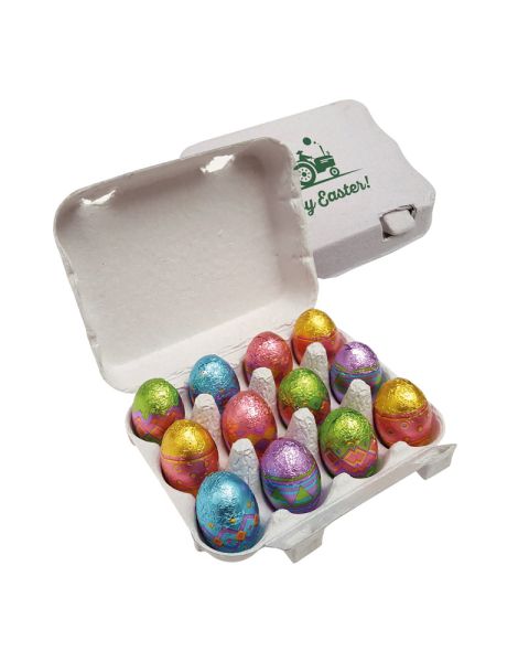 Mini chocolate egg 12-pack egg packaging with advertising print