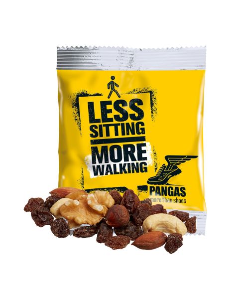 Vegan trail mix in promotional bags with logo print