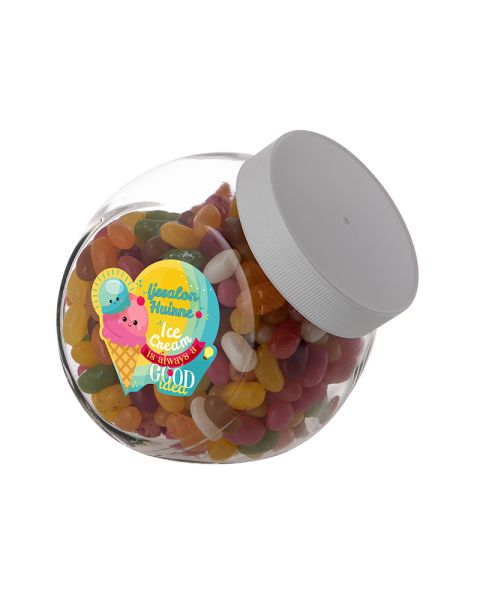 0.9 litre Slanted Jar filled with jelly beans and advertising label