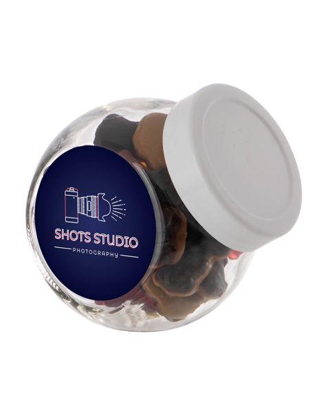 0.2 litre Slanted Jar filled with car-shaped liquorice and promotional label