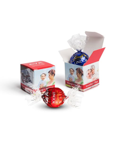 Lindt Lindor Kugel im Werbewürfel mit Logodruck