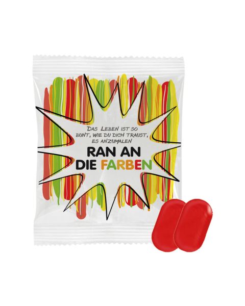 5 g red fruit dragées in promotional bag with logo print