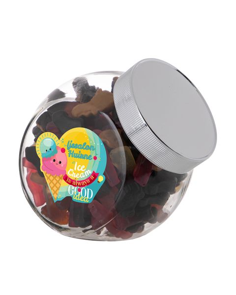 0.9 litre Slanted Jar filled with car-shaped liquorice and advertising label
