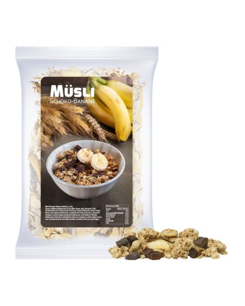 Express muesli crunchy banana and chocolate in a flow pack with promotional label