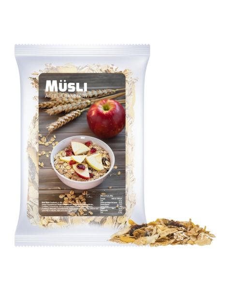 Express Apple Cranberry Muesli in a flow pack with promotional label