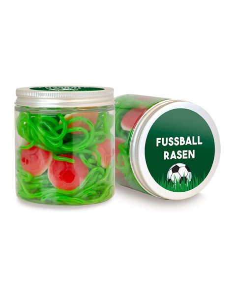 150 g Fruchtgummi Fussballrasen in transparenter Dose mit Werbeetikett