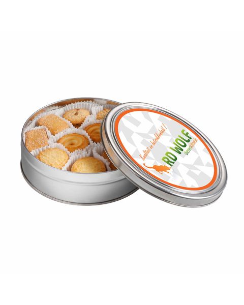 340 g biscuits in a tin with advertising label and logo print