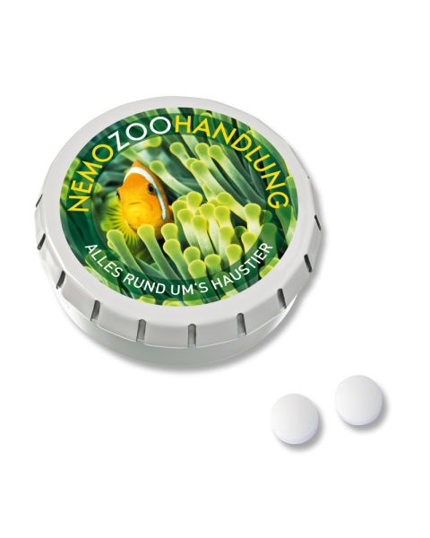 Pfefferminzpastillen Super Mini Drück-mich Dose mit Logodruck