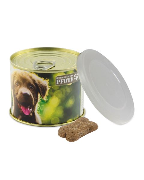 Hunde Leckerli-Konservendose mit Werbebanderole