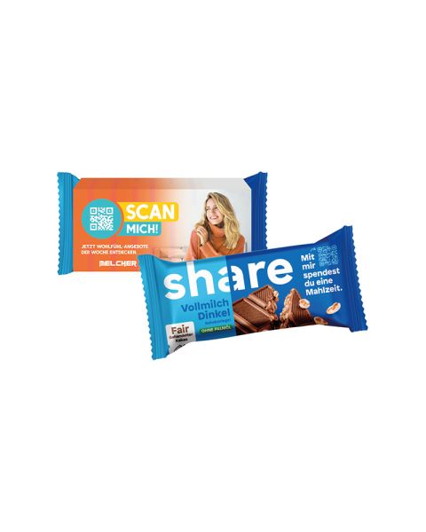 Share whole milk spelt chocolate bar in promotional sleeve with logo print