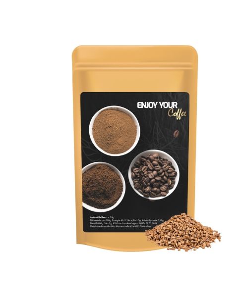 20 g organic instant coffee in a Doypack with promotional label