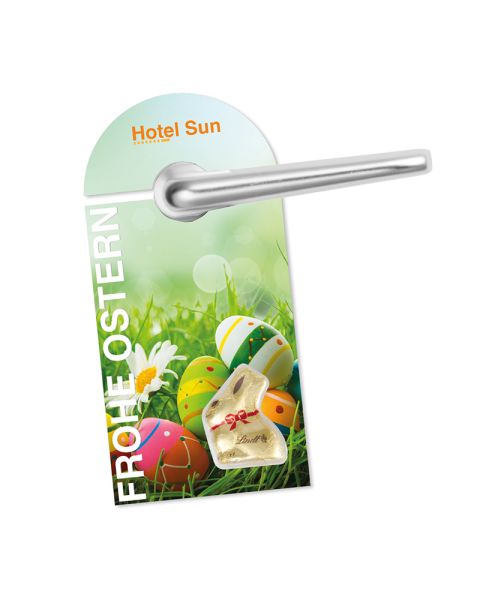 Promotional door hanger with Lindt gold bunny and logo print