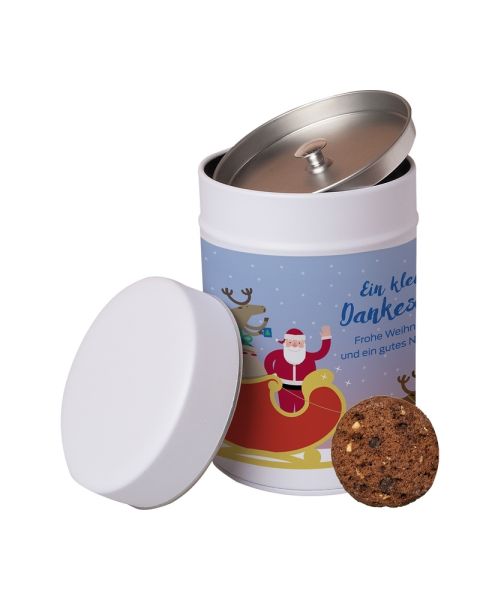 100 g organic chocolate hazelnut cookies in a biscuit tin with promotional label