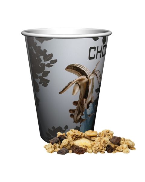 50 g crunchy banana and chocolate muesli in a promotional tub with promotional print
