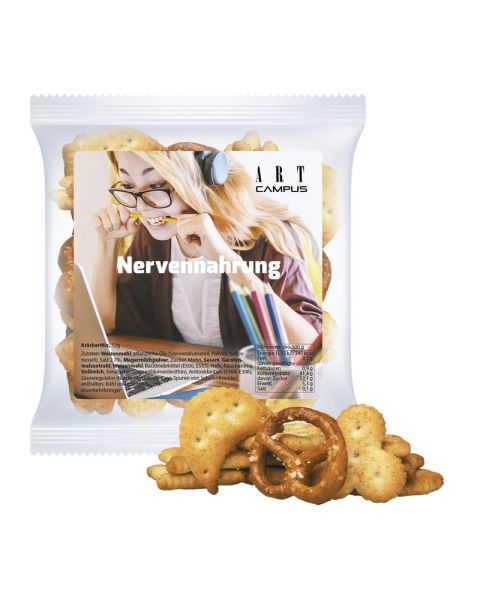 Express cracker mix in bags with promotional label and logo print