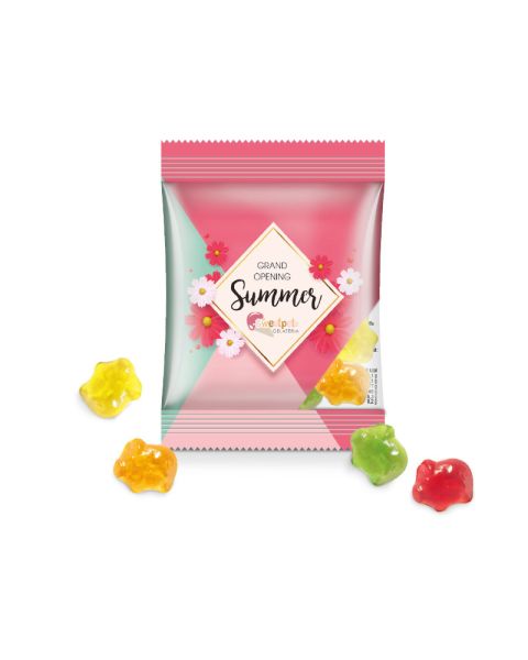 10 g fruit gums in mini bags, standard shapes with logo print