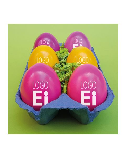 Logo Egg 6-pack in egg packaging with advertising label