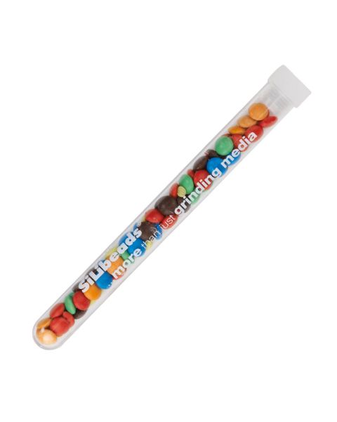 16 g coloured chocolate lentils in test tube with promotional print