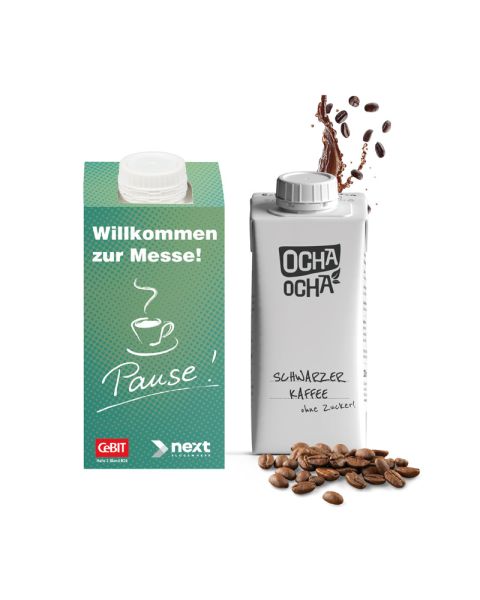 Ocha Ocha Black Coffee in a drink pack in a promotional cardboard box