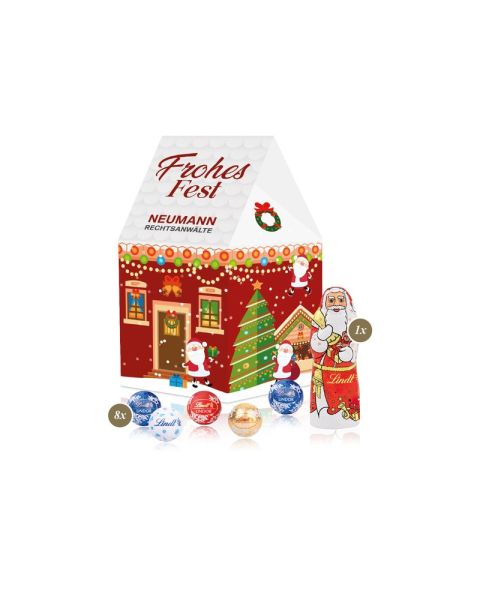 Customised Lindt Minis Christmas house with promotional print