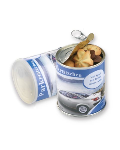 260 g Premiumgebäck in einer Metalldose mit Werbebanderole