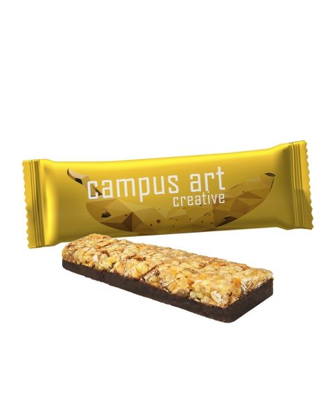 30 g chocolate banana muesli bar in flow pack with promotional print