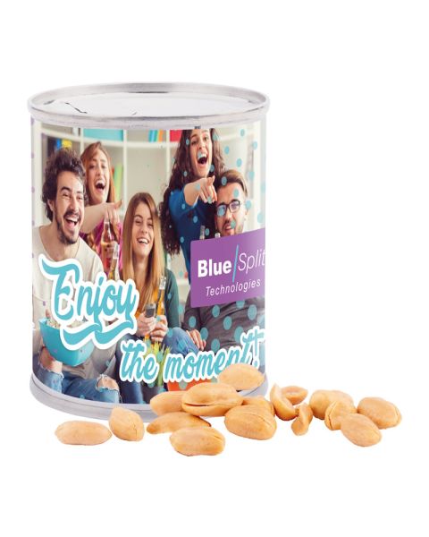 Roasted and salted peanuts in a snack tin with promotional paper label
