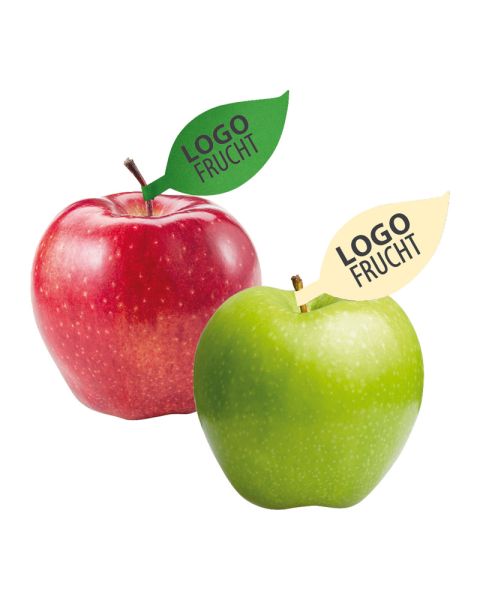 PR Apfel mit Blatt und Werbebedruckung