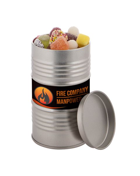 Oil barrel filled with fruit gums and sugar-coated liquorice with promotional label